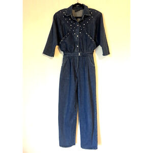 Vtg Denim Jumpsuit Coverall Small Blue Studded Snaps California
